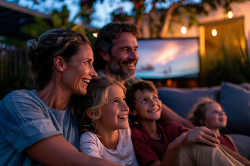the joy and togetherness of a family movie night in their outdoor garden cinema, with laughter and smiles under the open sky, against the backdrop of a serene evening setting.