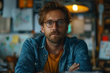 Obraz premium A contemplative man in a denim jacket, sporting glasses, rests pensively in a creative indoor setting