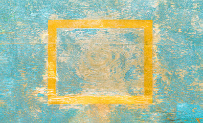 Texture of old wooden turquoise shabby plank with cracks and stains. Yellow square frame in the...