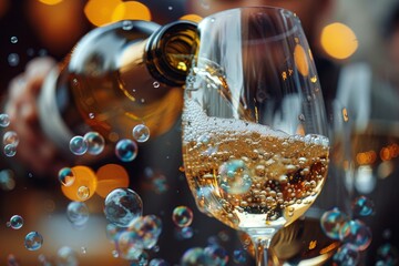 A close-up image capturing the dynamic moment of champagne being poured into a glass, with bubbles and a bokeh background - obrazy, fototapety, plakaty