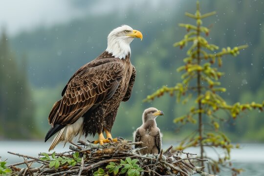 Majestic Bald Eagle Nest with Adorable Eaglet Generative AI