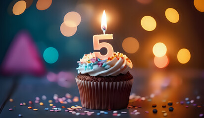 Birthday cupcake with lit birthday candle. Number five for five years or fifth anniversary.