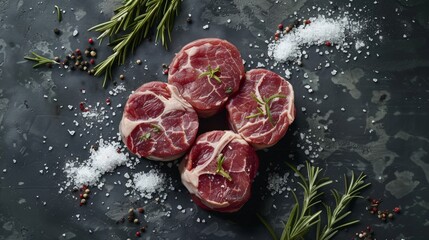 Three beef steaks with rosemary and salt on black