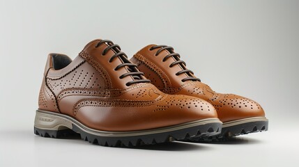 brown leather golf shoes It is placed on a plain white background. Ultra-realistic natural light