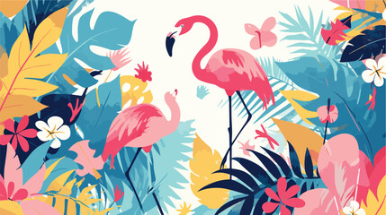 Flamingos and palm leaves illustration. Exotic Hawa