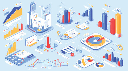 Flat 3d isometric infographic elements icons graph