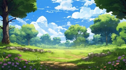 Obraz premium Tranquil sunlit clearing in treetop canopy, a warm relaxation haven