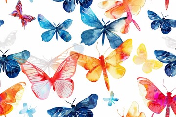 Seamless pattern of watercolor butterflies and dragonflies.