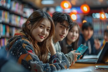 Young adults engaged in a study session in a vibrant library setting, focused and interactive with educational materials