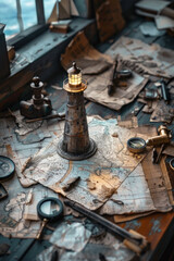 A cluttered workspace, a single sturdy lighthouse figurine stands tall and unwavering on a weathered wooden desk. Its beacon, a miniature LED light, casts a steady glow across the chaotic scene
