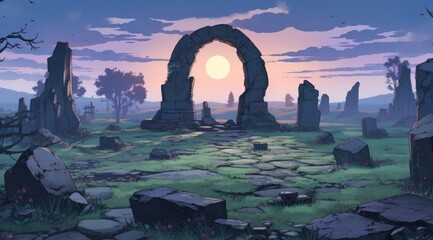 Ancient stone circle with mystical symbols at sunset