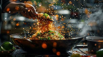 Thai traditional food, Pad thai, dry noodle, street food, best delicious, dark food photography, hyperrealistic food photography - obrazy, fototapety, plakaty