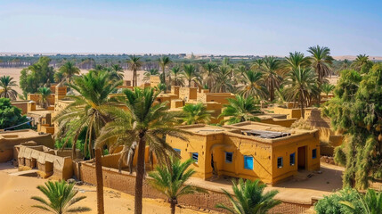 A desert oasis featuring mud-brick dwellings and palm groves for shade.