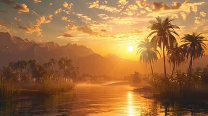 Fototapeta na wymiar A palm-fringed oasis glistens under a scorching sun.
