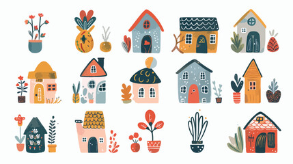Cute hand drawn small tiny houses with gardening flow