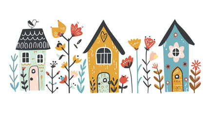 Cute houses with flowers. Little cabin illustration.