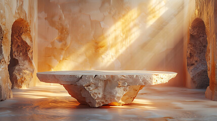 Minimalistic stone podium in cave white golden color sunlight as a spotlight