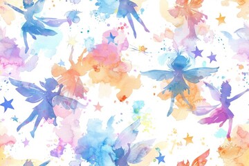 Fototapeta na wymiar Seamless pattern of watercolor fairies and butterflies in pastel shades.