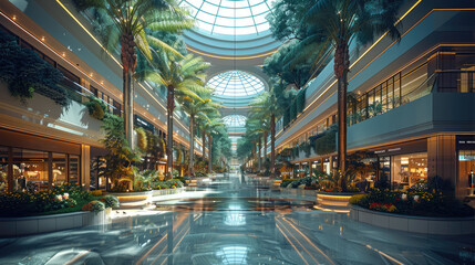 Big inner space, shopping mall, modern style architecture, glass atrium, botanical garden. Generative AI.
