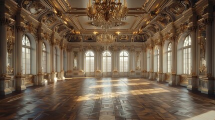 The image shows a large, empty ballroom with a high ceiling and ornate chandeliers. The walls are lined with tall windows and the floor is made of polished wood.