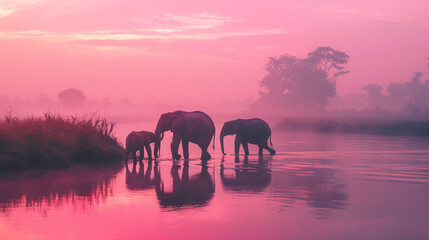 Elephant family crossing misty river at dawn, mirroring pink sky hues.