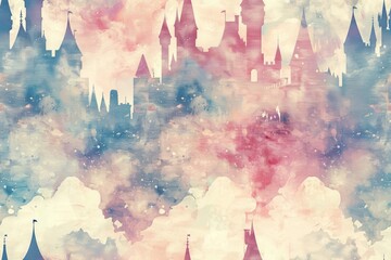 Seamless pattern of watercolor fairy tale castles