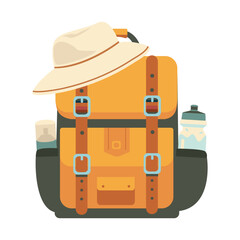 Tourist backpack on a white background. Vector. A hat from the sun, a bottle of water, a remedy for insects. Tourist set
