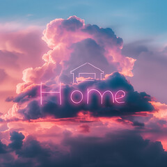 cloud with house and neon text 'home'.minimal creative environment and emotional concept - obrazy, fototapety, plakaty