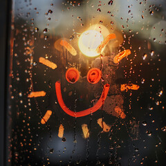 Smiling sun drawn on rain-wet glass.Minimal creative emotional and weather concept