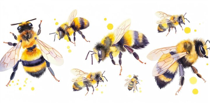 Watercolor illustration with cute bees, funny insects, baby pictures