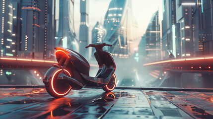 A futuristic electric scooter zipping through a modern city.