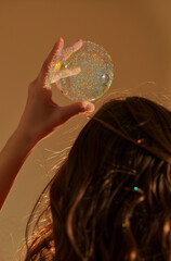 Close-up of soap bubble and girl.Minimal creative party and fun concept.