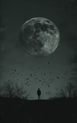 Man,moon,birds and clouds.Minimal creative nature concept.
