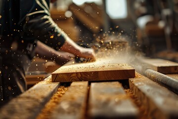 Close up carpenter hands working with wooden plank, wood in a carpentry workshop. Joiner works using manual and electric equipment. Man doing woodwork professionally. Manufacturer, maker construction