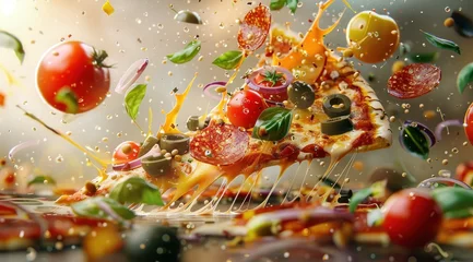 Fotobehang Une part de pizza italienne au fromage, entourée d'ingrédients volants comme des tomates, des olives, des champignons, des tranches de tomates cerises, lumière dorée, profondeur de champ. © David Giraud