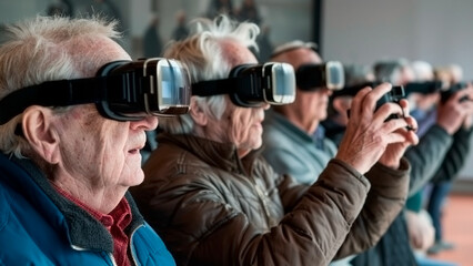 A group of older men are wearing virtual reality goggles and holding video game controllers, they are all looking at the same thing, which could be a movie or a video game