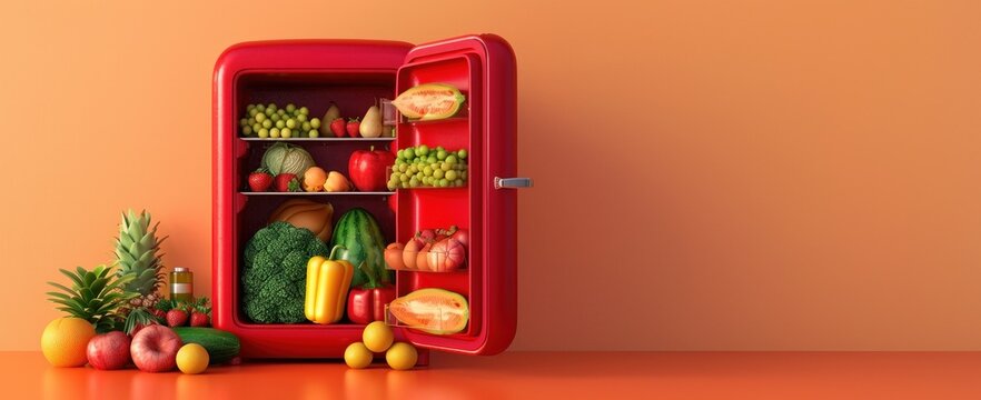 Illustration 3D d'un réfrigérateur rouge avec sa porte ouverte, rempli à ras bord de fruits et légumes frais sur un fond orange, image avec espace pour texte.