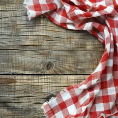 Obraz premium Nappe à carreaux rouges et blancs sur un fond rustique en bois, vue de dessus, concept de pique-nique vintage, image avec espace pour texte.