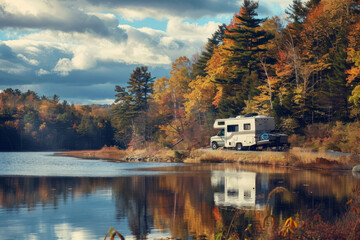 Fototapeta premium Scenic RV motorhome roadtrip Adventure in Majestic Mountain Landscape