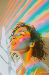 portrait of a woman with rainbow make up and lights.Minimal creative LGBT support