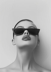 Black and white photo of model wearing sunglasses.Minimal creative art and fashion concept