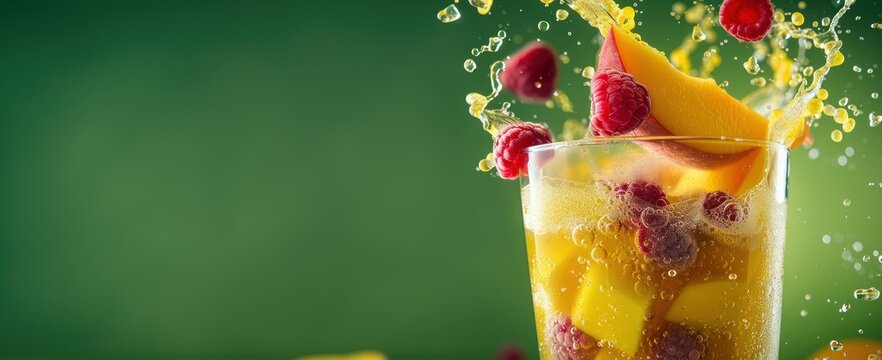 Smoothie aux fruits avec mangue, fruit de la passion et framboise volant autour d'un verre, éclaboussures sur fond vert, image avec espace pour texte.