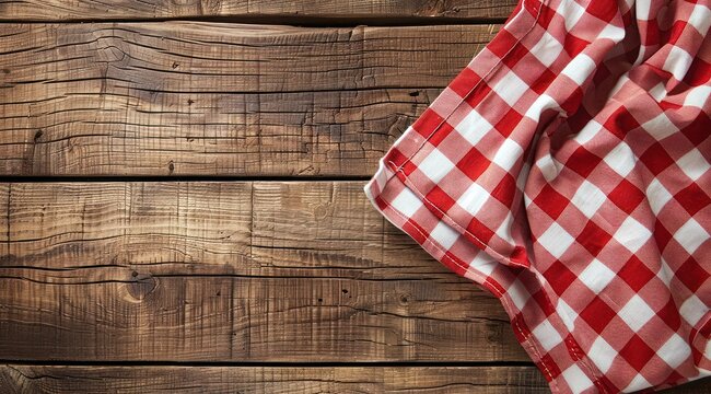 Nappe &agrave; carreaux rouges et blancs sur un fond rustique en bois, vue de dessus, concept de pique-nique vintage, image avec espace pour texte.