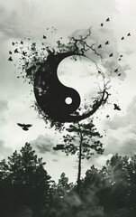 
Surreal black and white photo of Yin and yang symbol in the sky. Artistic photograph with natural surroundings, trees, and birds.