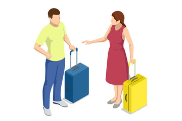 Isometric Tourist Travel Abroad in Free Time Rest Getaway Air Flight Trip Journey Concept. Couple Being Ready to go for their Holidays with Colorful Suitcases isolated on background - obrazy, fototapety, plakaty