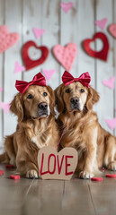 golden retriever dogs inloved 
In a romantic setting, with hearts, ribbons, and the text "love".Minimal creative emotional concept.