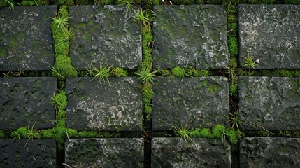 Moss growing on tiled pavement