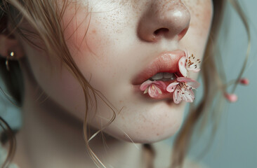 woman with a cherry blossom on lips .Minimal creative nature concept.