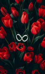 Red tulips with the infinity sign.Minimal creative nature and business concept.Flat lay.Suitable for flowers shops and businesses in the floral industry.