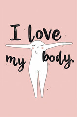 Poster with the text "I love my Body".Minimal creative sport and emotional concept.Trendy social mockup or wallpaper with copy space.Suitable for gyms, nutrition centers, and plastic surgery clinics